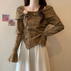 2025早初秋新款美拉德不规则长袖T恤大码女装胖mm别致一字肩上衣