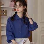 2025秋冬新款复古港风克莱因蓝时尚设计感口袋韩版长袖衬衣女衬衫
