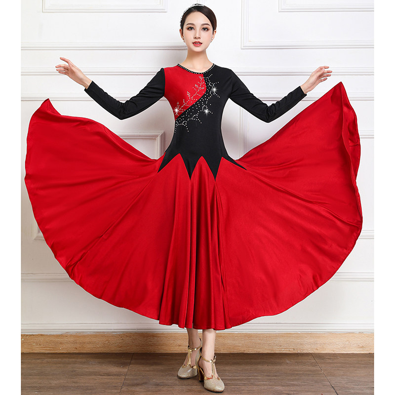 摩登舞连衣裙国标舞演出服交谊舞舞蹈裙镶钻高弹性快步舞练习服