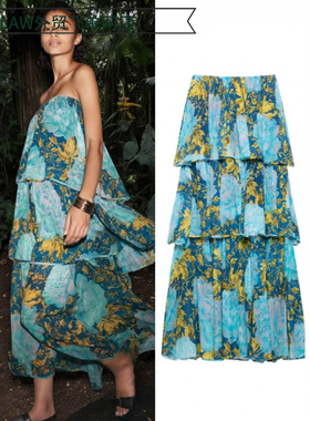 Sexy satin deep V-neck party dress简约抹胸印花露肩连衣裙