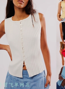 Printed rhinestone top short slim vest逊上衣坑条排扣无袖毛织