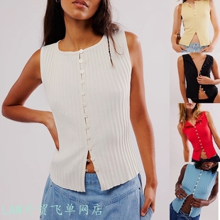 Printed rhinestone top short slim vest逊上衣坑条排扣无袖毛织