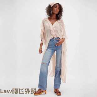 women long sleeved 甜桃度假风不规则荷叶 Lace shirt法式 sexy