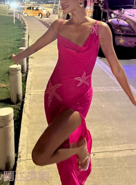 Sexy women's satin lace mini dress角星装饰开叉条带性感连衣裙