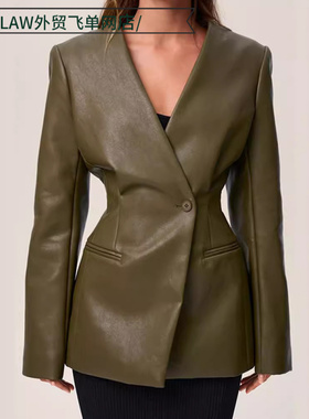 Women's Casual Leather Jacket Coat现货时尚绿色领修身西装皮衣