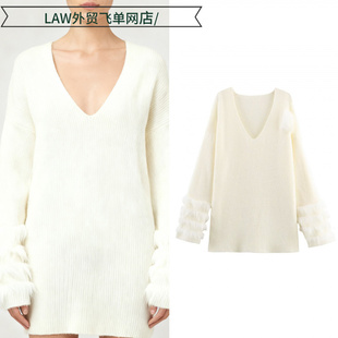 neck party Sexy 领宽松袖 deep dress时尚 口毛毛针织裙 satin