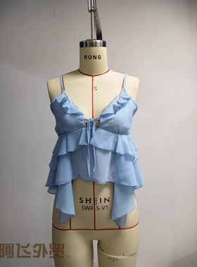 Lace sexy women's long-sleeved shirt蓝色荷叶边吊带小背心女修