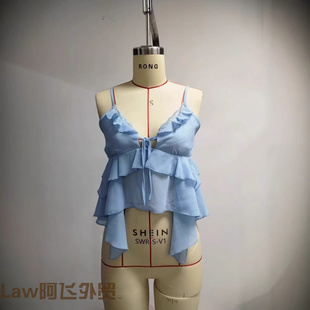 sexy sleeved women long shirt蓝色荷叶边吊带小背心女修 Lace