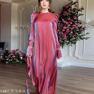 Sexy waist tied satin long dress逊裙子静色闪光琉璃缎中东沙特