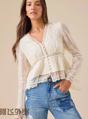 Lace sexy women's long-sleeved shirt时尚棉质长袖白色领衬衫春