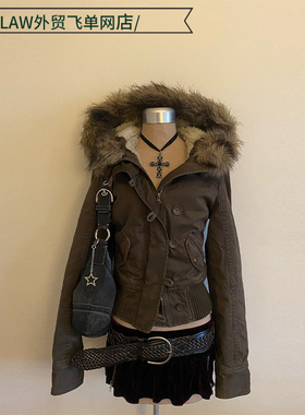 Sexy Casual Thermal Cotton Coat可拆卸毛领短款牛仔口袋外套街