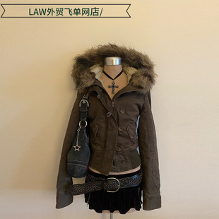 Coat可拆卸毛领短款 Sexy Cotton Thermal 牛仔口袋外套街 Casual