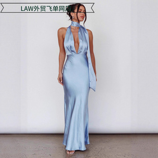 lace Sexy sleeveless fit dress性感深收腰挂脖露背纯色无 slim