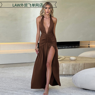 lace Sexy sleeveless fit dress挂脖领长裙性感开叉褶皱露 slim