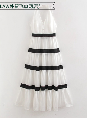 Sexy satin deep V-neck party dress法式赫本风条纹撞色立体蝴蝶