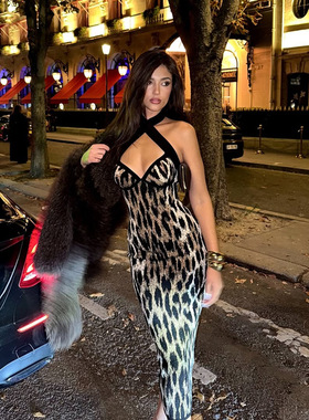 Lace Cut-Out Sexy Bustier Strapless Dress风时尚秋季性感豹纹