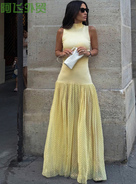 Sexy sleeveless fringe slim fit dress高领修身拼接长裙时尚波