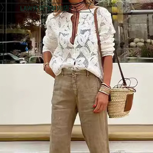 Coat圆领镂空长袖 Sexy Cotton Thermal 上衣单排多扣宽松 Casual