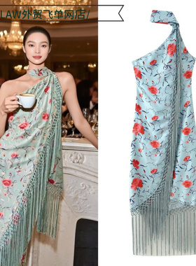 Sexy satin deep V-neck party dress流苏饰印花斜肩挂脖长款收腰