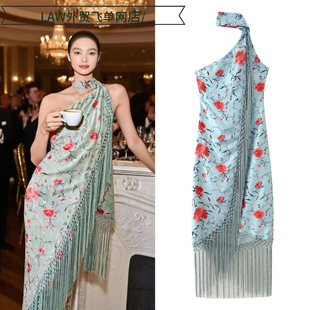 deep neck party 收腰 Sexy dress流苏饰印花斜肩挂脖长款 satin