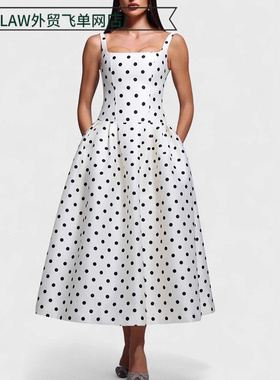 Sexy satin deep V-neck party dress白色波点收腰吊带蓬蓬裙连衣