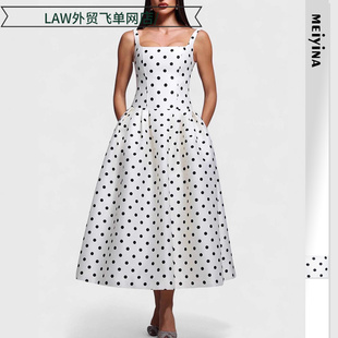 satin party deep neck dress白色波点收腰吊带蓬蓬裙连衣 Sexy