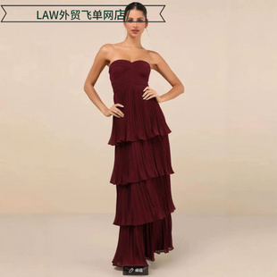 satin party deep neck dress性感抹胸收腰层叠褶皱晚礼服 Sexy