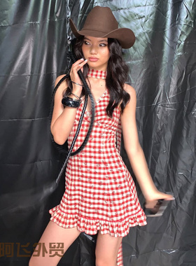 Slim Fashion V-neck Mesh Dress复古辣妹红色格子修身深挂脖连衣