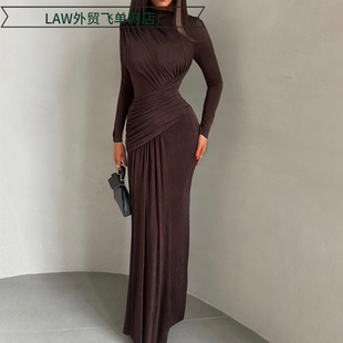 sleeveless lace dress季 Sexy 纯色褶皱圆领修身 fit 时尚 长 slim