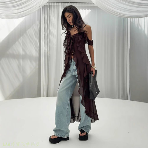 Sexy slim fit mesh dress吊带连衣裙2025不规则V领荷叶边飘带性