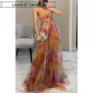 satin party deep neck dress春夏网纱印花吊带连衣裙度假 Sexy