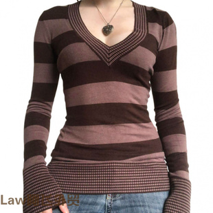 women long sleeved 条纹桃心领紧身喇叭 Lace shirt销量款 sexy