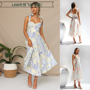 deep neck party 显瘦收腰领吊带印花中长 Sexy dress修身 satin