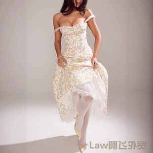 V-neck long short sleeved slim fit beach dress系带礼服印花裙