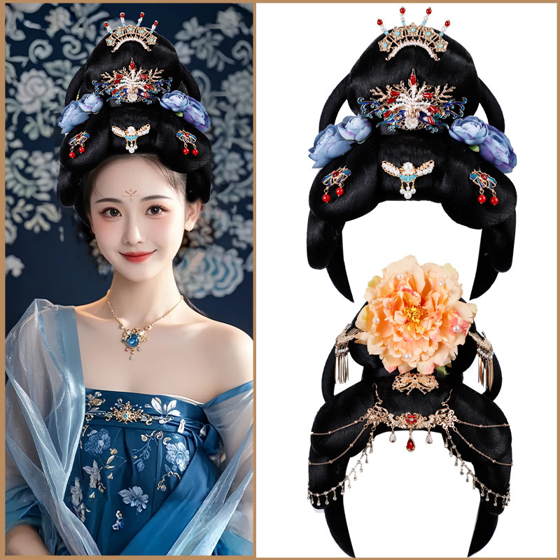 古风汉服发饰一体式假发头套贵妃唐装复古风发髻饰品组合cos表演
