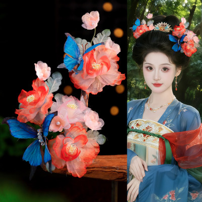 汉服仙气薄纱牡丹蝴蝶发夹