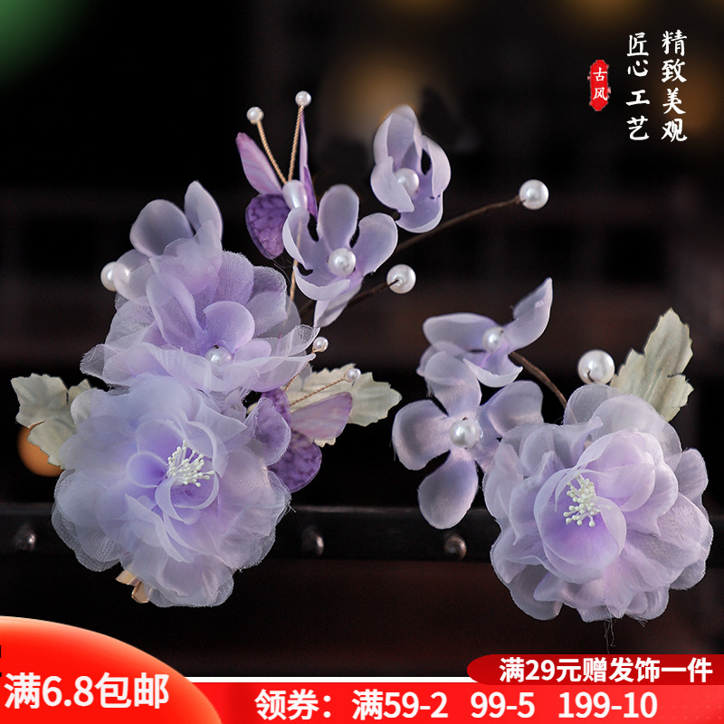 古风绢纱花朵发夹手工