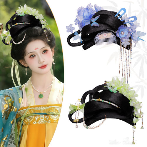 唐风粉花蝴蝶发髻演出假发百搭