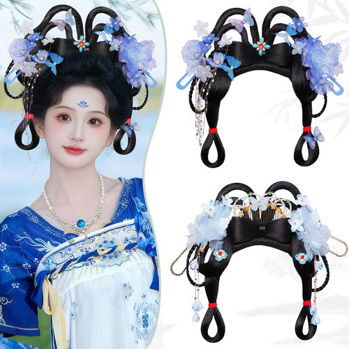 浅蓝花朵多环发髻汉服假发套装