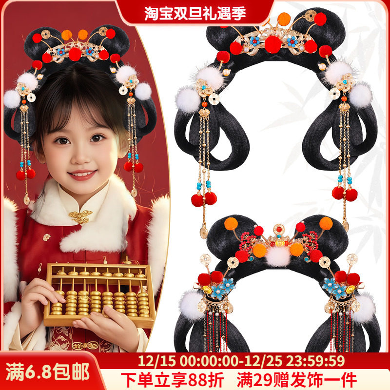 新年女童红色发饰发髻假发套装