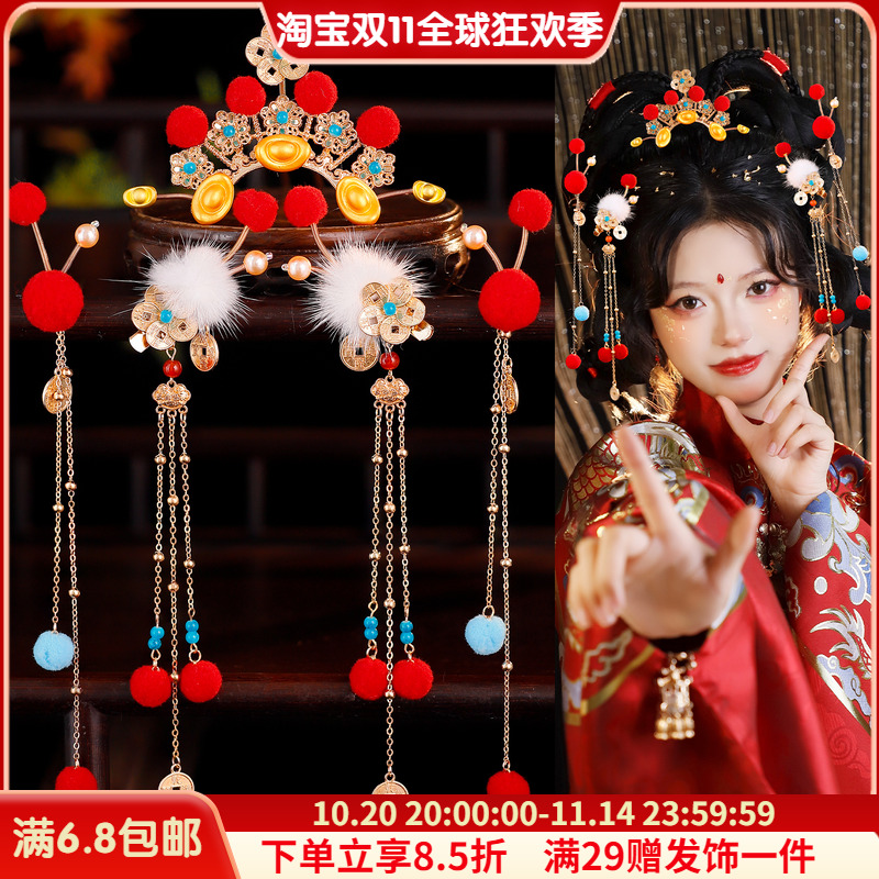 新年红色喜庆小财神发冠发钗组合