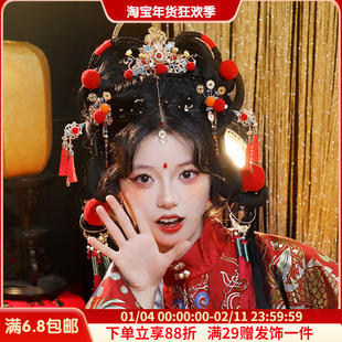 古风汉服新年红色毛球复古过年头饰长流苏配饰日常发饰组合套装