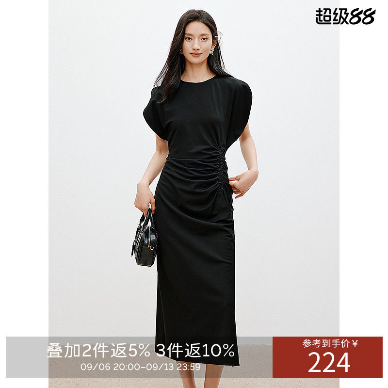 衣香丽影时尚抽褶收腰连衣裙夏花苞袖气质小黑裙