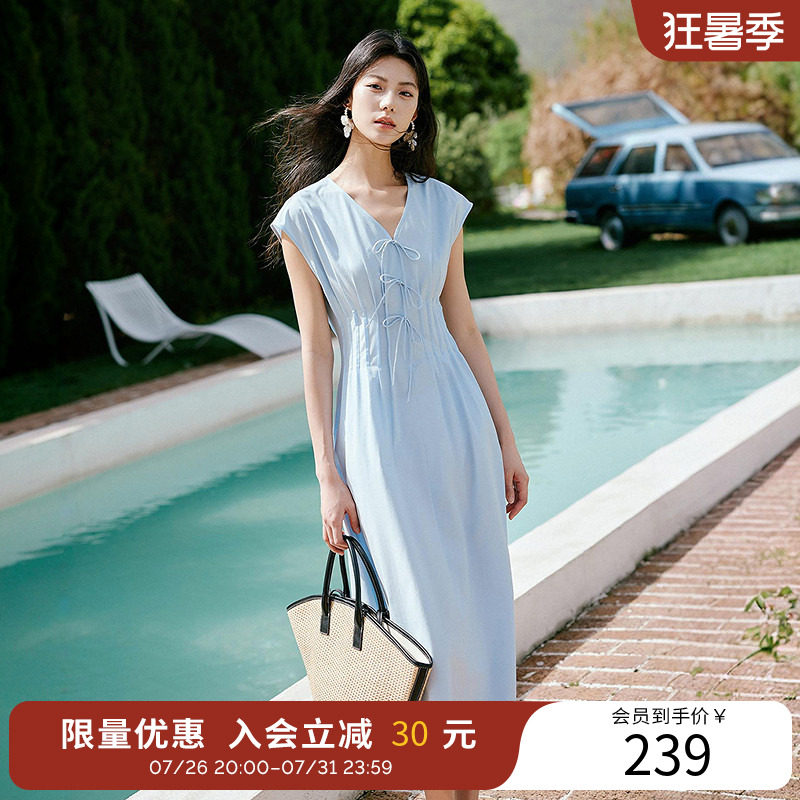 衣香丽影莫代尔压褶收腰连衣裙女夏遮肉显瘦法式茶歇长款无袖裙子