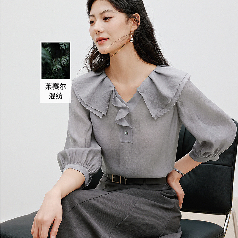 衣香丽影莱尔赛荷叶边雪纺衬衫女夏装法式宽松上衣