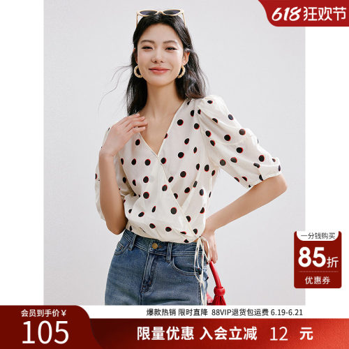 衣香丽影夏V领复古波点印花雪纺衬衫泡泡袖衬衣