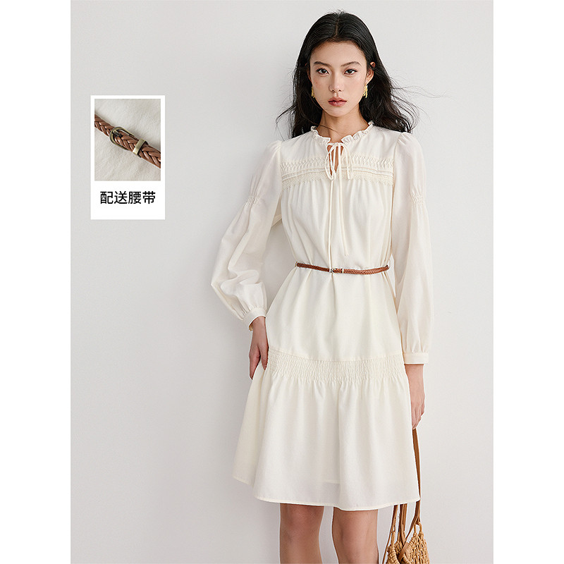 衣香丽影白色木耳边连衣裙女2026秋装新款小个子流行法式中长裙子
