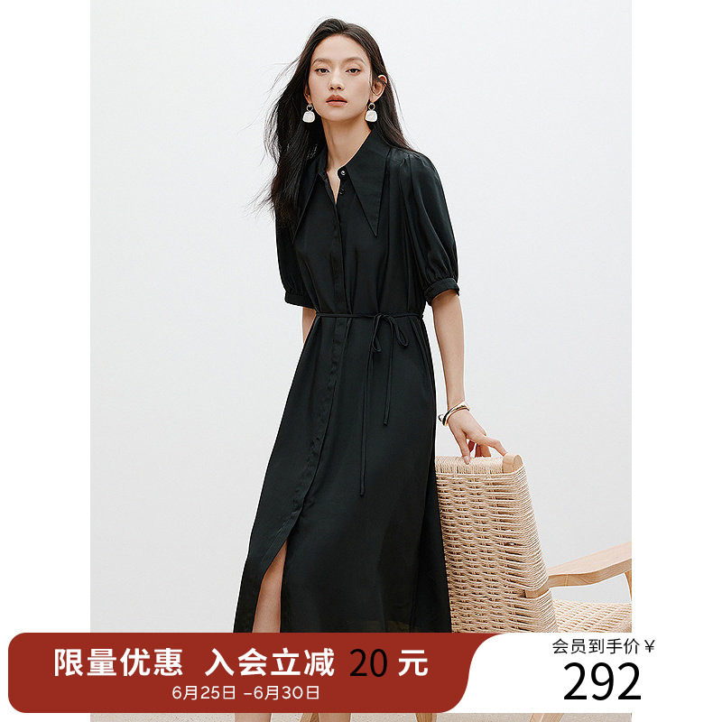 衣香丽影中长裙V领连衣裙2026夏季韩版气质减龄短袖衬衫式小黑裙