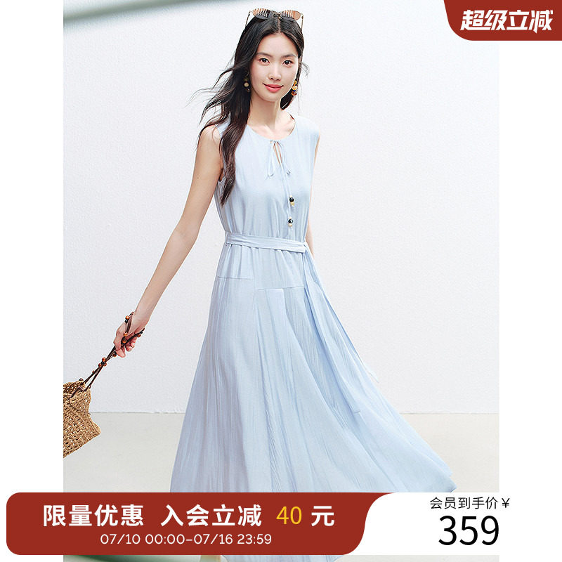 衣香丽影蓝色不规则拼接无袖连衣裙女2026夏装新款宽松系带中长裙