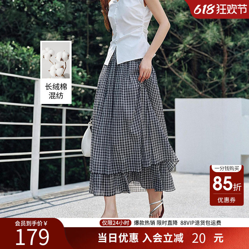 衣香丽影皱感黑白格子半身裙女夏装复古文艺风蛋糕裙子